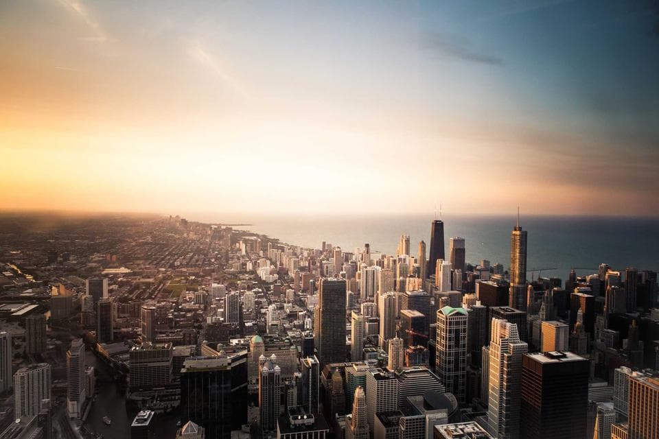 City skyline at sunset